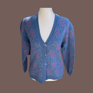 Camela Floral Wool Sweater | Blue Button Up | Size 40 | Vintage